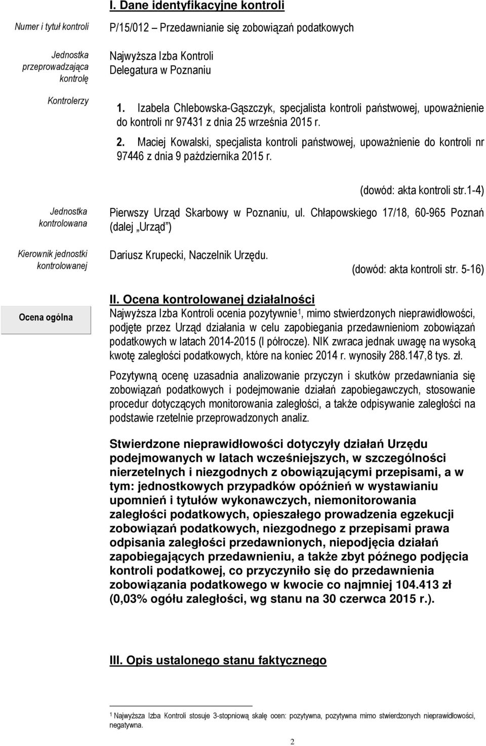 września 2015 r. 2. Maciej Kowalski, specjalista kontroli państwowej, upoważnienie do kontroli nr 97446 z dnia 9 października 2015 r. (dowód: akta kontroli str.