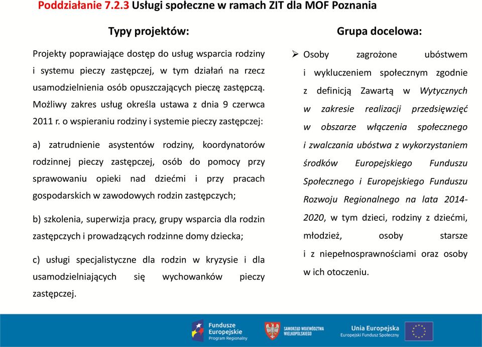 opuszczających pieczę zastępczą. Możliwy zakres usług określa ustawa z dnia 9 czerwca 2011 r.