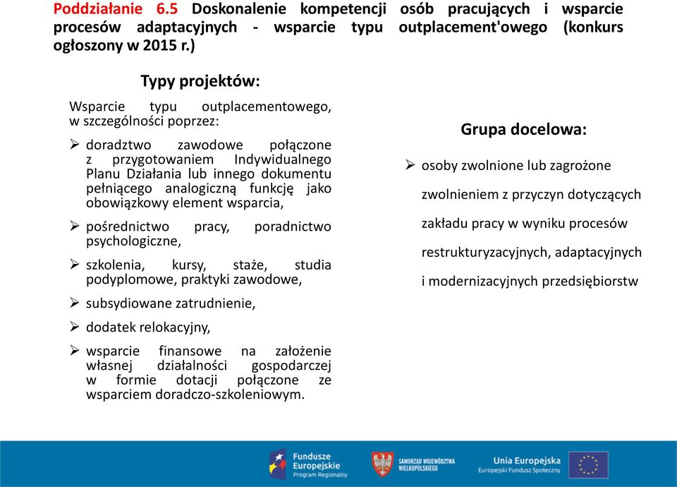 funkcję jako obowiązkowy element wsparcia, pośrednictwo pracy, poradnictwo psychologiczne, szkolenia, kursy, staże, studia podyplomowe, praktyki zawodowe, subsydiowane zatrudnienie, dodatek