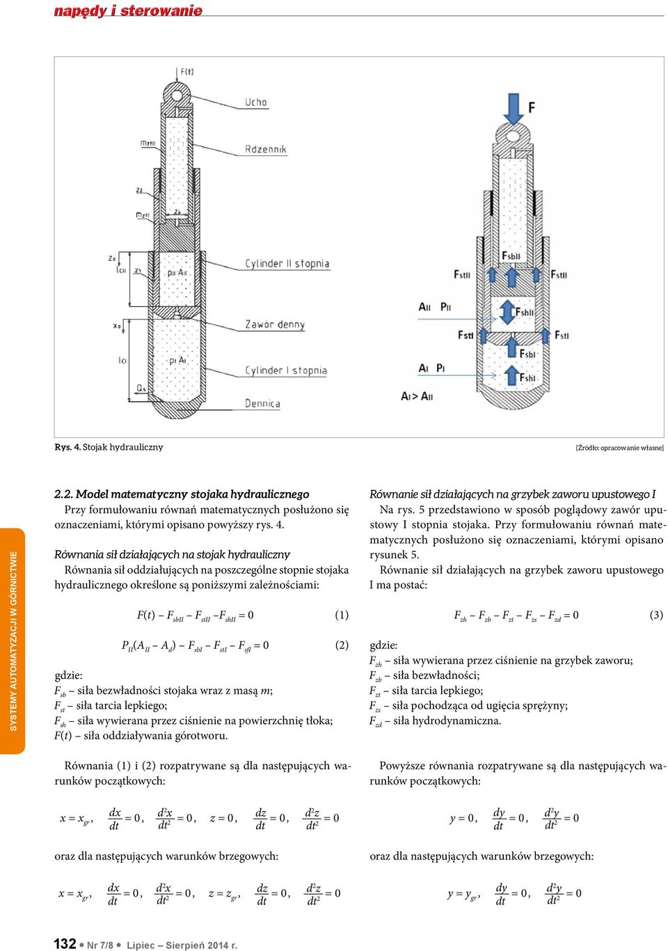 Równania sił działających na stojak hydrauliczny Równania sił oddziałujących na poszczególne stopnie stojaka hydraulicznego określone są poniższymi zależnościami: F(t) F sbii F stii F shii (1) P II