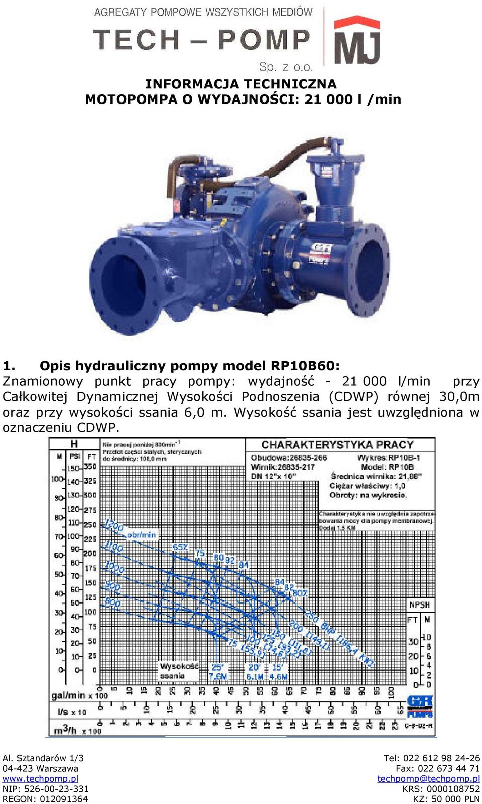 Wysokości Podnoszenia (CDWP) równej 30,0m oraz przy wysokości ssania 6,0 m.