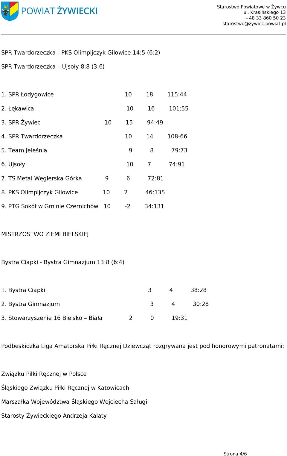 PTG Sokół w Gminie Czernichów 10-2 34:131 MISTRZOSTWO ZIEMI BIELSKIEJ Bystra Ciapki - Bystra Gimnazjum 13:8 (6:4) 1. Bystra Ciapki 3 4 38:28 2. Bystra Gimnazjum 3 4 30:28 3.