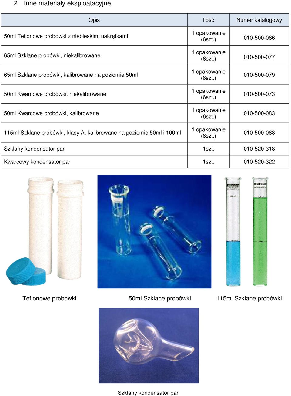 A, kalibrowane na poziomie 50ml i 100ml 010-500-079 010-500-073 010-500-083 010-500-068 Szklany kondensator par 1szt. 010-520-318 Kwarcowy kondensator par 1szt.