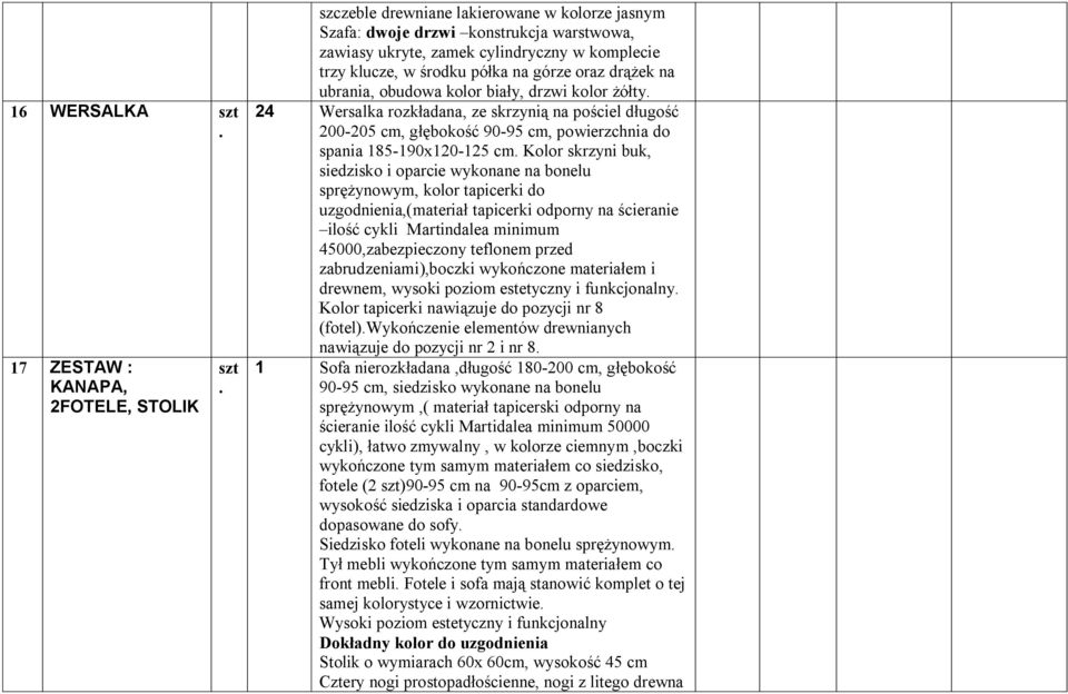 obudowa kolor biały, drzwi kolor żółty. 24 Wersalka rozkładana, ze skrzynią na pościel długość 200-205 cm, głębokość 90-95 cm, powierzchnia do spania 185-190x120-125 cm.