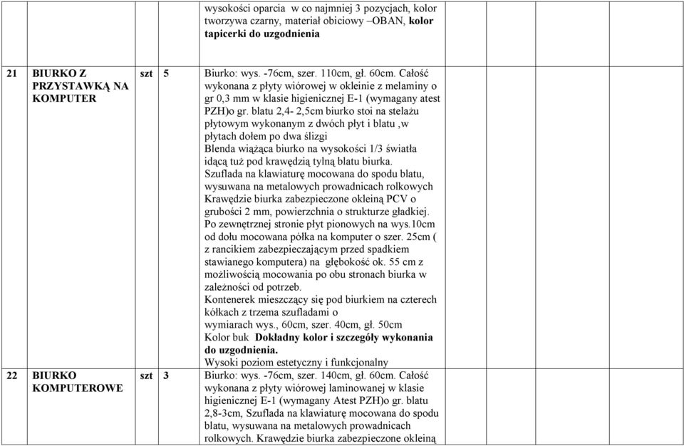 blatu 2,4-2,5cm biurko stoi na stelażu płytowym wykonanym z dwóch płyt i blatu,w płytach dołem po dwa ślizgi Blenda wiążąca biurko na wysokości 1/3 światła idącą tuż pod krawędzią tylną blatu biurka.