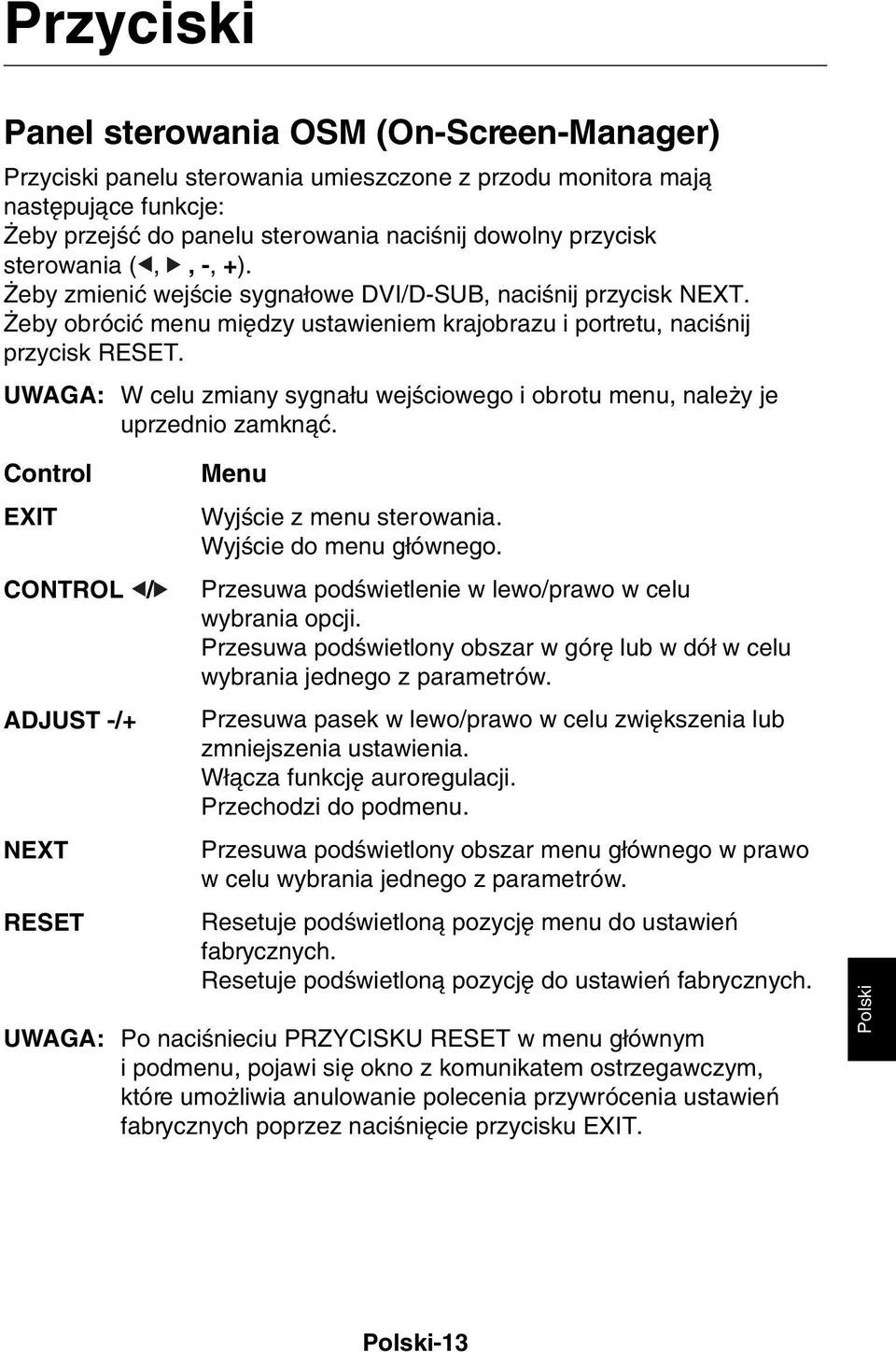 UWAGA: W celu zmiany sygna u wejêciowego i obrotu menu, nale y je uprzednio zamknàç. Control EXIT CONTROL / ADJUST -/+ NEXT RESET Menu WyjÊcie z menu sterowania. WyjÊcie do menu g ównego.