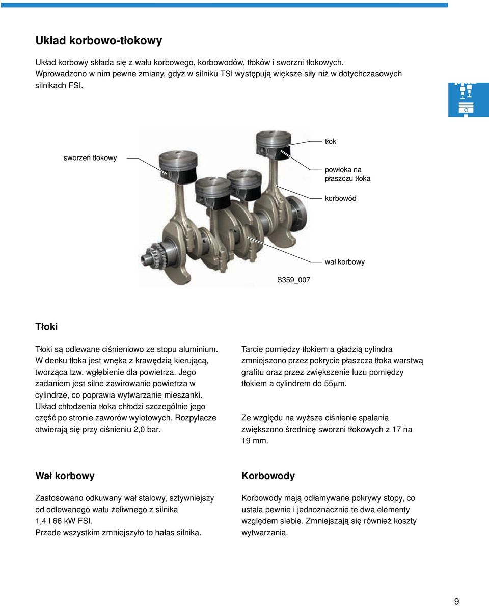 tłok sworzeń tłokowy powłoka na płaszczu tłoka korbowód wał korbowy S359_007 Tłoki Tłoki są odlewane ciśnieniowo ze stopu aluminium. W denku tłoka jest wnęka z krawędzią kierującą, tworząca tzw.