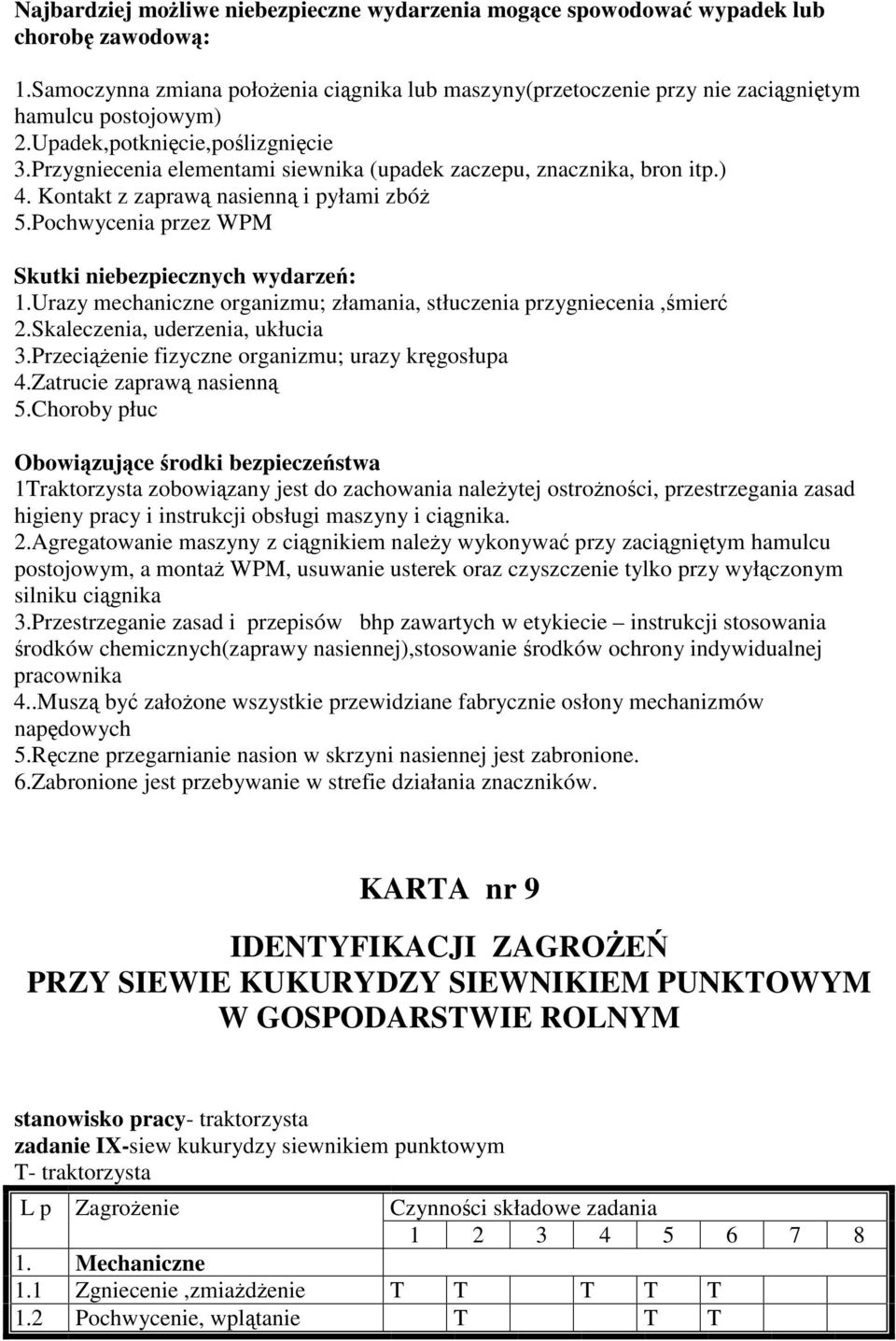 Urazy mechaniczne organizmu; złamania, stłuczenia przygniecenia,mier 2.Skaleczenia, uderzenia, ukłucia 3.Przecienie fizyczne organizmu; urazy krgosłupa 4.Zatrucie zapraw nasienn 5.