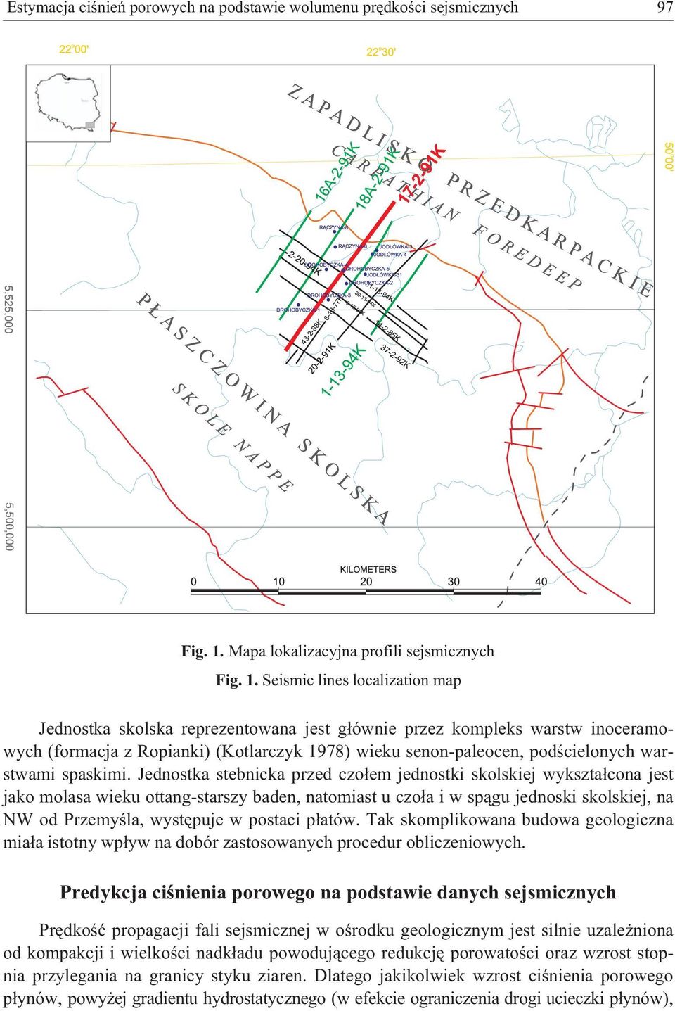 Seismic lines localization map Jednostka skolska reprezentowana jest g³ównie przez kompleks warstw inoceramowych (formacja z Ropianki) (Kotlarczyk 1978) wieku senon-paleocen, podœcielonych warstwami