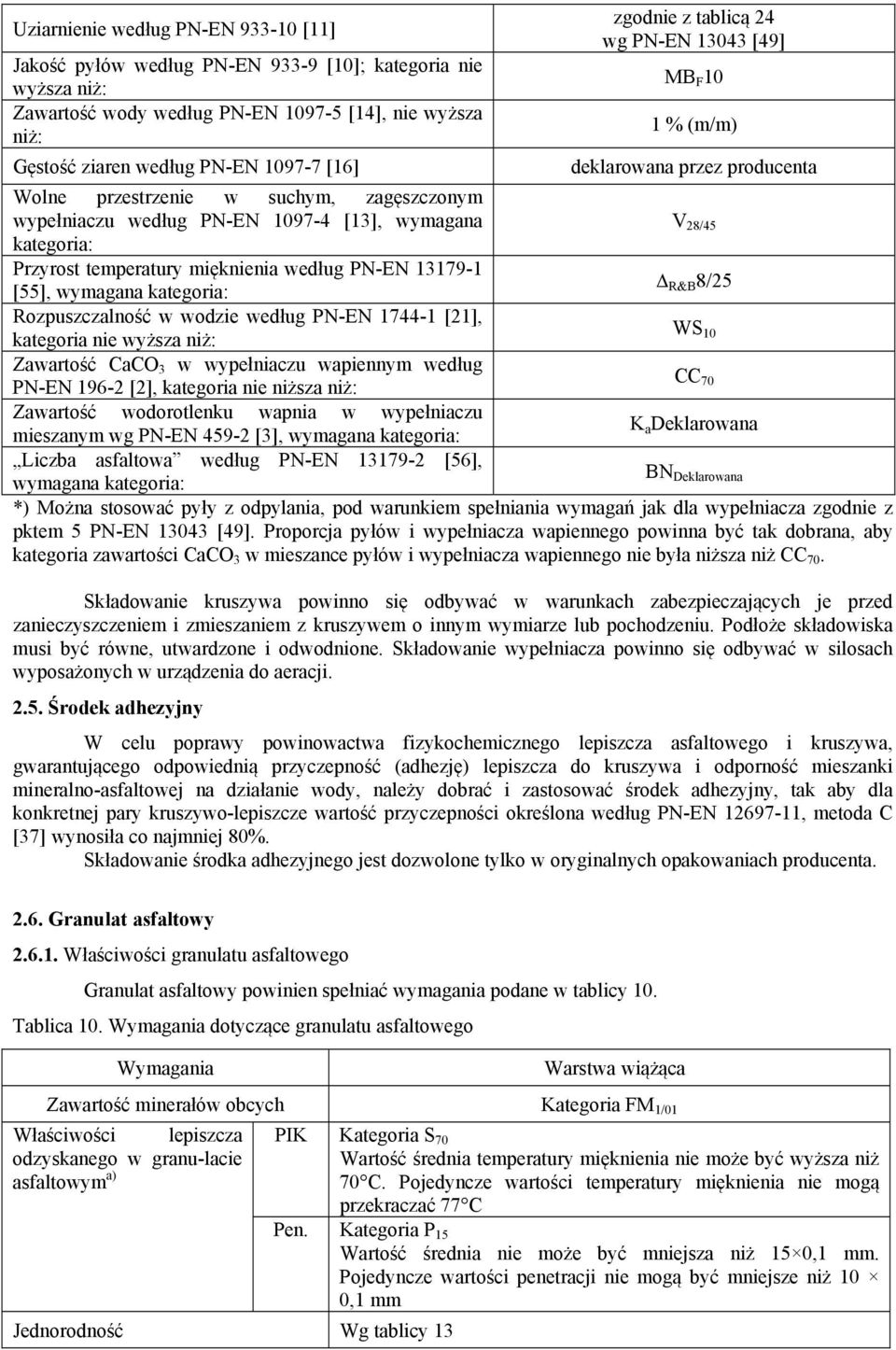 Przyrost temperatury mięknienia według PN-EN 13179-1 [55], wymagana kategoria: Δ R&B 8/25 Rozpuszczalność w wodzie według PN-EN 1744-1 [21], kategoria nie wyższa niż: WS 10 Zawartość CaCO 3 w