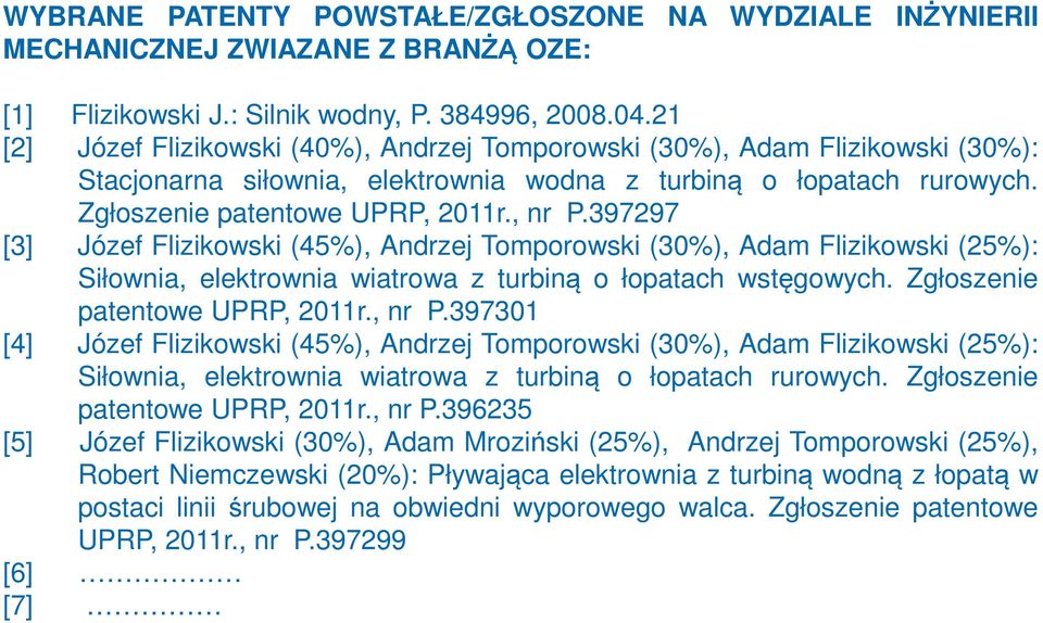 397297 [3] Józef Flizikowski (45%), Andrzej Tomporowski (30%), Adam Flizikowski (25%): Siłownia, elektrownia wiatrowa z turbiną o łopatach wstęgowych. Zgłoszenie patentowe UPRP, 2011r., nr P.