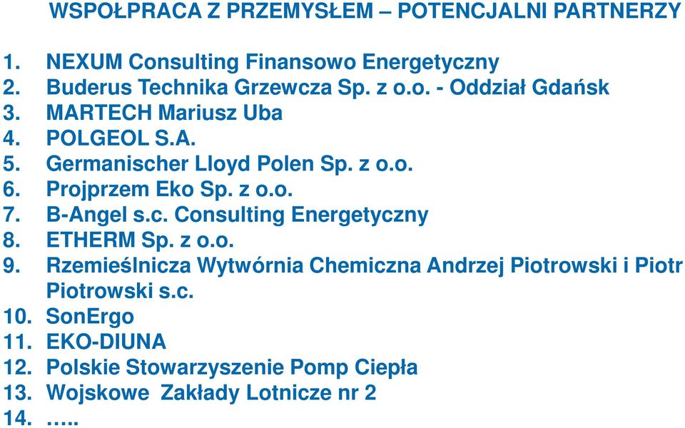 z o.o. 7. B-Angel s.c. Consulting Energetyczny 8. ETHERM Sp. z o.o. 9.