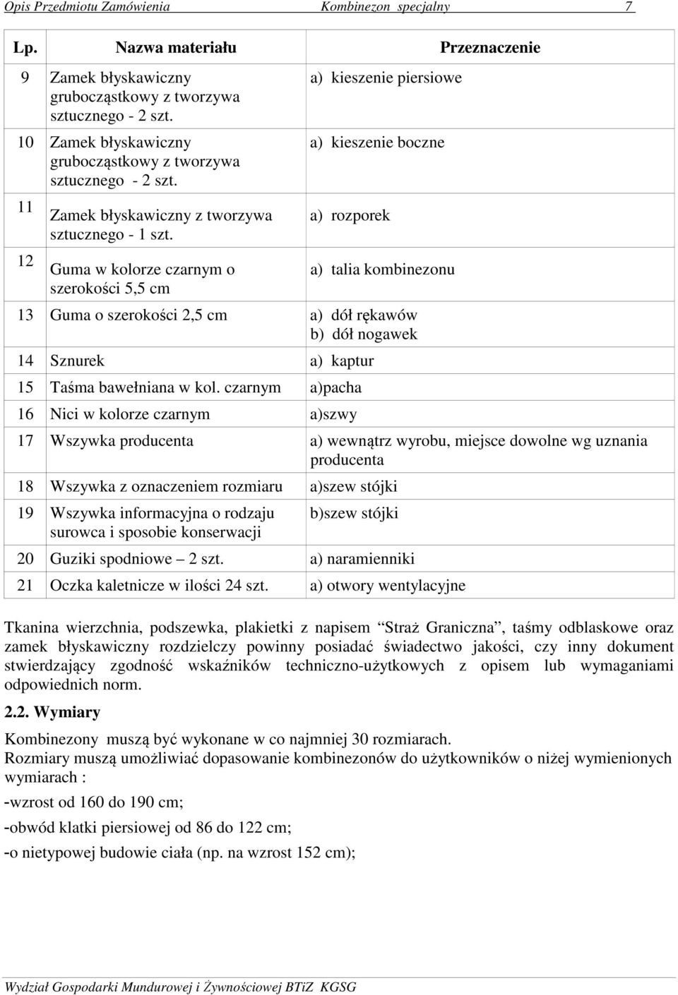 Guma w kolorze czarnym o szerokości 5,5 cm a) kieszenie piersiowe a) kieszenie boczne a) rozporek a) talia kombinezonu 13 Guma o szerokości 2,5 cm a) dół rękawów b) dół nogawek 14 Sznurek a) kaptur