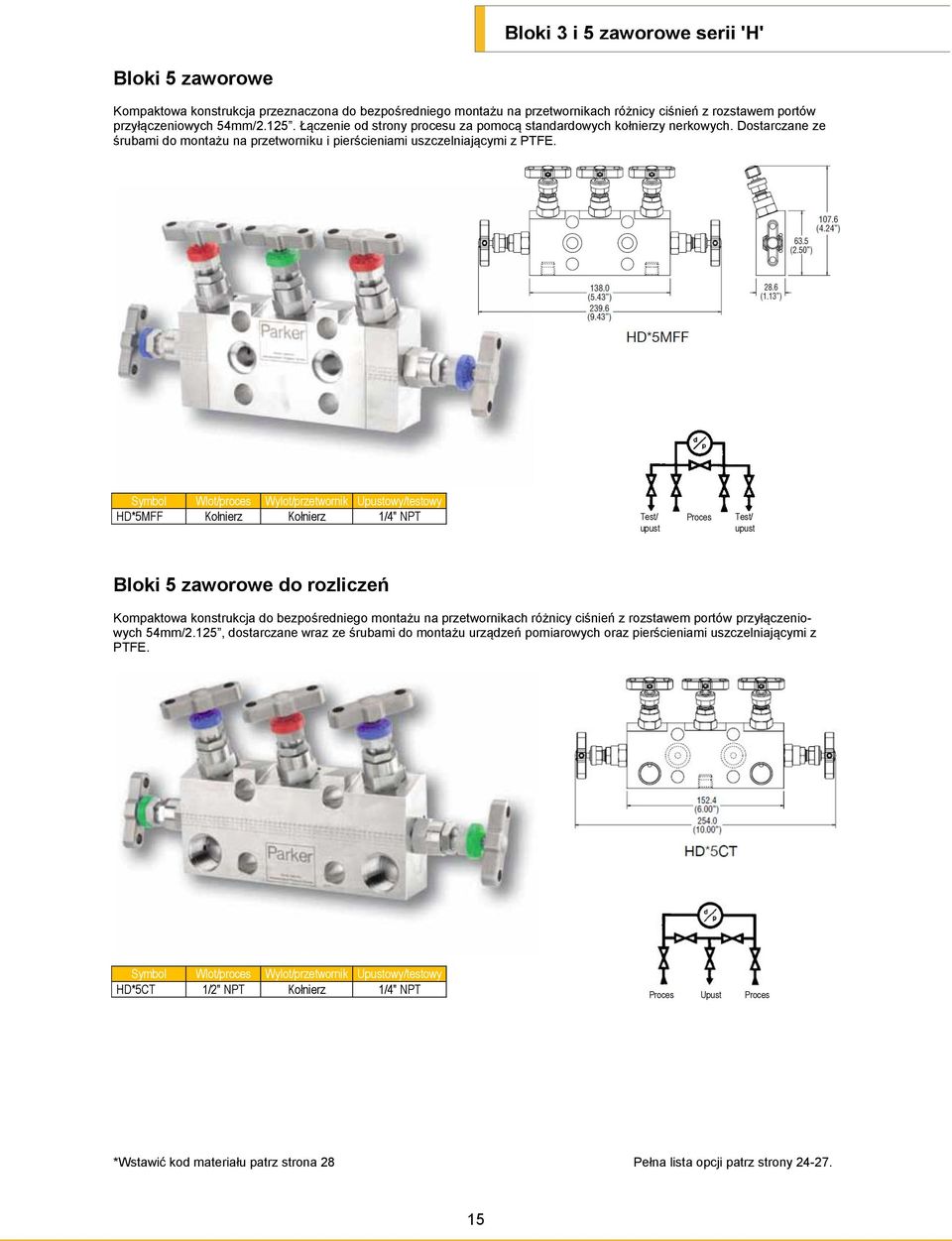 HD*5MFF Kołnierz Kołnierz 1/4" NPT Test/ Proces Test/ Bloki 5 zaworowe do rozliczeń Kompaktowa konstrukcja do bezpośredniego montażu na przetwornikach różnicy ciśnień z rozstawem portów