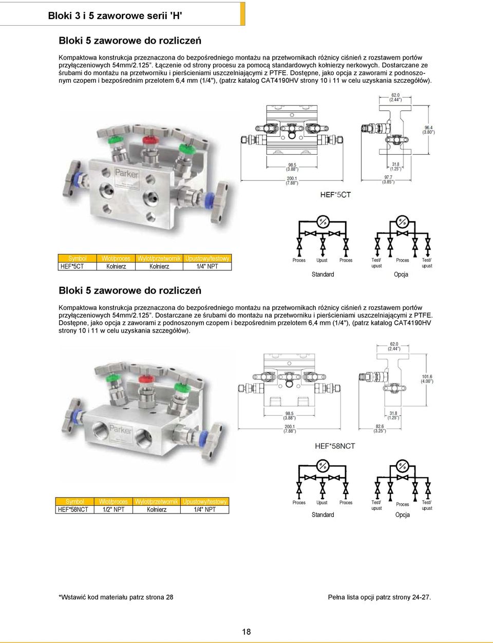 Dostępne, jako opcja z zaworami z podnoszonym czopem i bezpośrednim przelotem 6,4 mm (1/4"), (patrz katalog CAT4190HV strony 10 i 11 w celu uzyskania szczegółów).