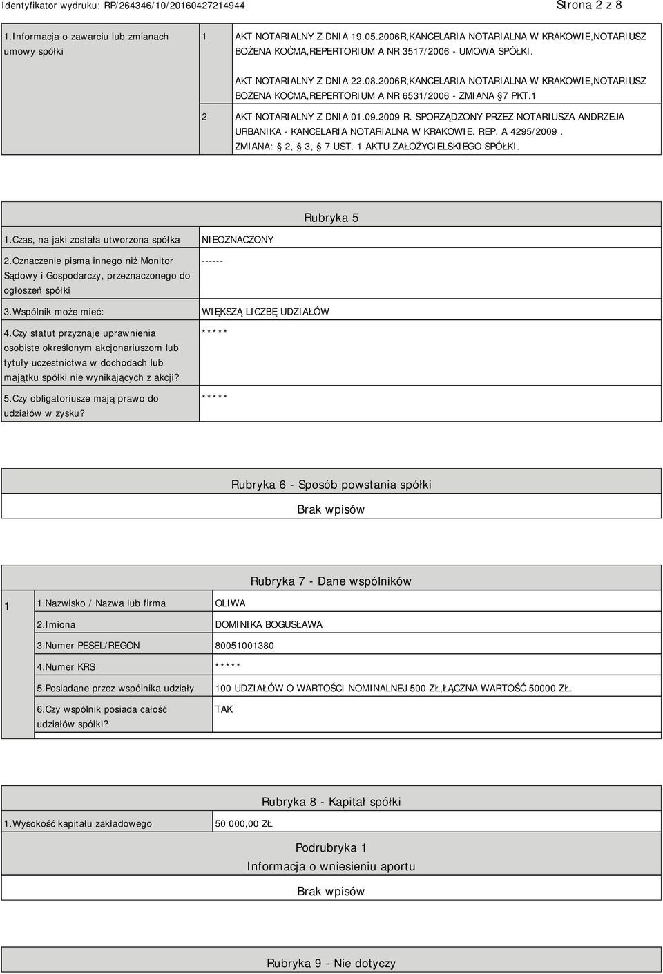 SPORZĄDZONY PRZEZ NOTARIUSZA ANDRZEJA URBANIKA - KANCELARIA NOTARIALNA W KRAKOWIE. REP. A 4295/2009. ZMIANA: 2, 3, 7 UST. 1 AKTU ZAŁOŻYCIELSKIEGO SPÓŁKI. Rubryka 5 1.