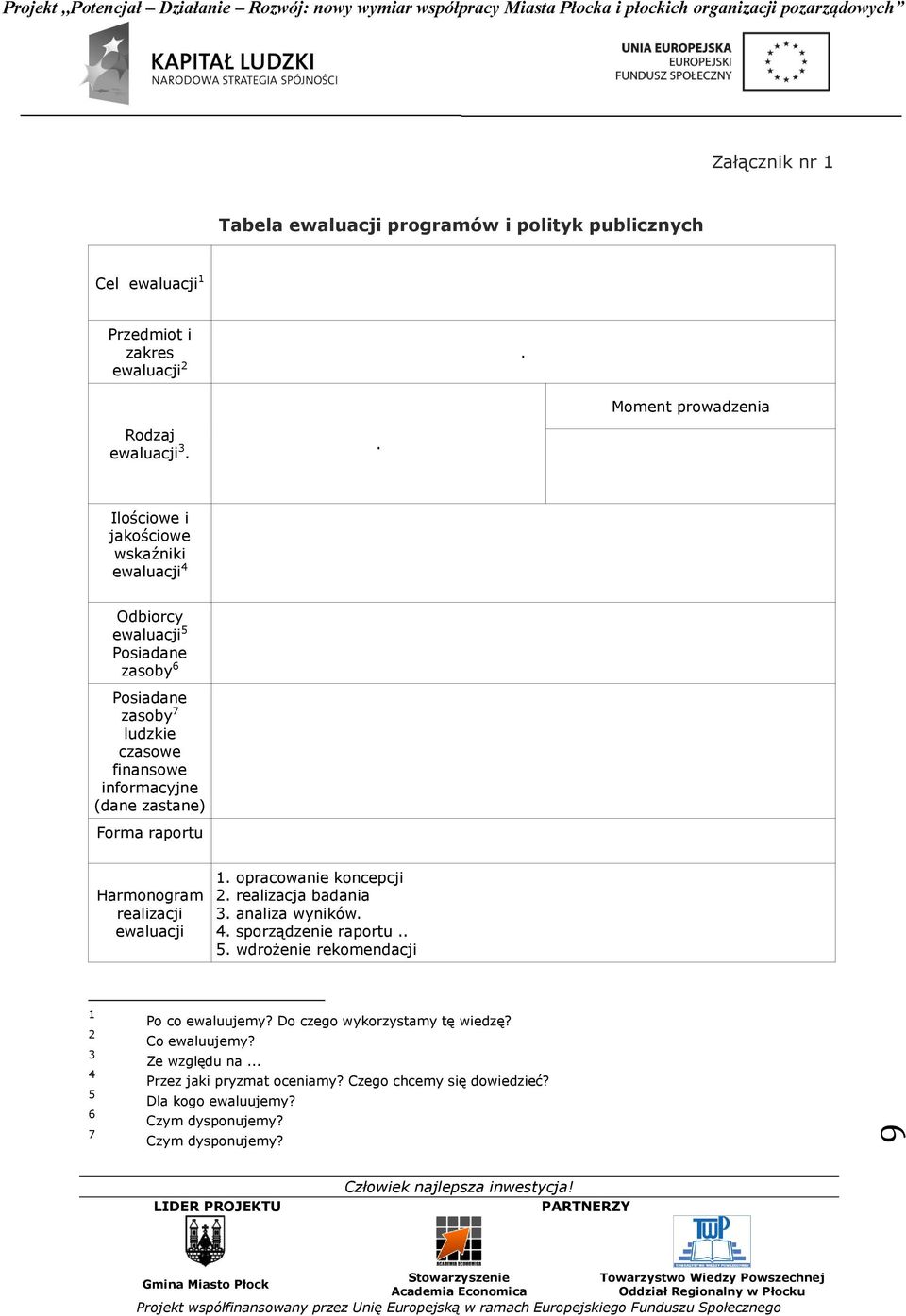 raportu Harmonogram realizacji ewaluacji 1. opracowanie koncepcji 2. realizacja badania 3. analiza wyników. 4. sporządzenie raportu.. 5.