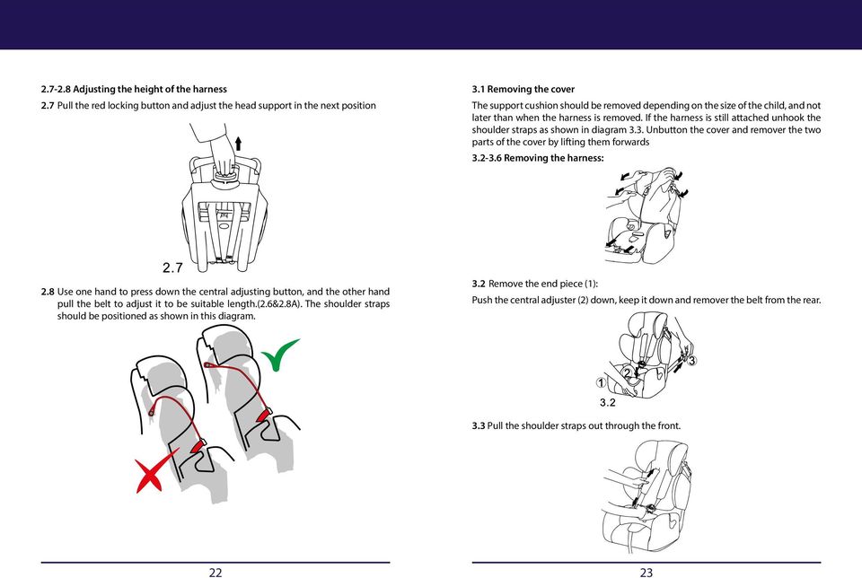 If the harness is still attached unhook the shoulder straps as shown in diagram 3.3. Unbutton the cover and remover the two parts of the cover by lifting them forwards 3.2-3.6 Removing the harness: 2.