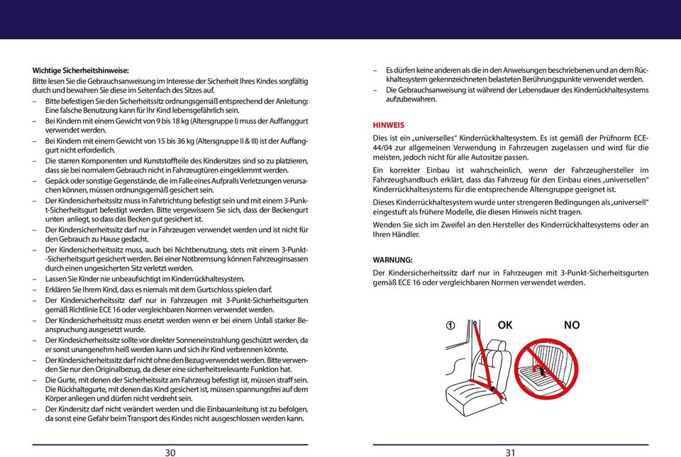 Bei Kindern mit einem Gewicht von 9 bis 18 kg (Altersgruppe I) muss der Auffanggurt verwendet werden.