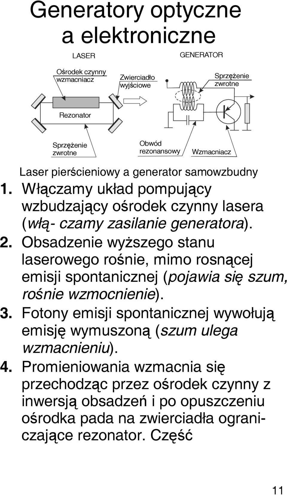 Obsadzenie wyższego stanu laserowego rośnie, mimo rosnącej emisji spontanicznej (pojawia się szum, rośnie wzmocnienie). 3.