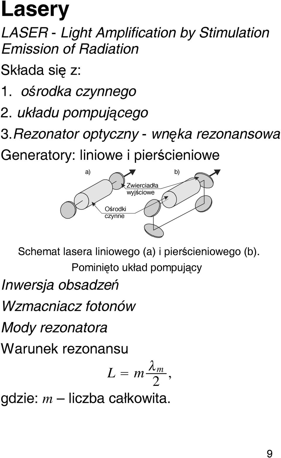 Rezonator optyczny - wnęka rezonansowa Generatory: liniowe i pierścieniowe a) b) Ośrodki czynne Zwierciadła