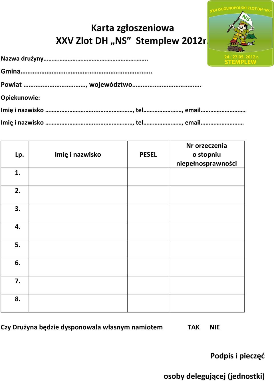 Imię i nazwisko PESEL 1. Nr orzeczenia o stopniu niepełnosprawności 2. 3. 4. 5. 6. 7. 8.