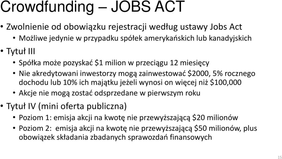 jeżeli wynosi on więcej niż $100,000 Akcje nie mogą zostać odsprzedane w pierwszym roku Tytuł IV (mini oferta publiczna) Poziom 1: emisja akcji na kwotę