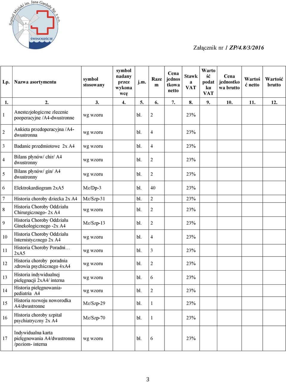 1 2 Anestezjologiczne zlecenie pooperacyjne /A4-dwustronne Ankieta przedoperacyjna /A4- dwustronna 3 Badanie przedmiotowe 2x A4 4 5 Bilans płynów/ chir/ A4 dwustronny Bilans płynów/ gin/ A4