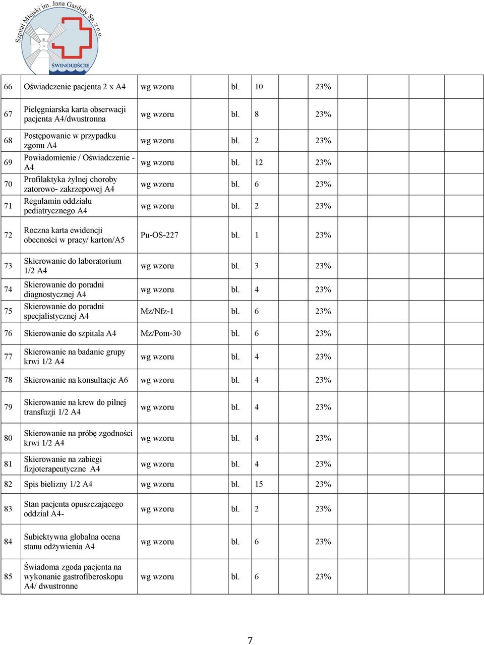 Regulamin oddziału pediatrycznego A4 Roczna karta ewidencji obecności w pracy/ karton/a5 wg wzoru bl. 8 23% wg wzoru bl. 12 23% Pu-OS-227 bl.