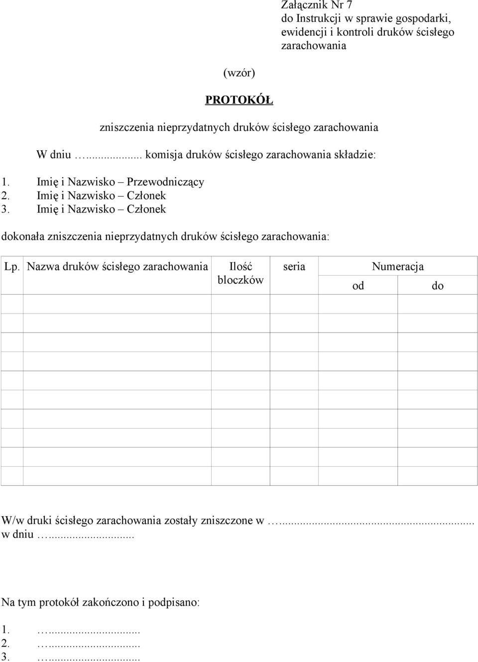 Imię i Nazwisko Członek dokonała zniszczenia nieprzydatnych druków ścisłego : Lp.