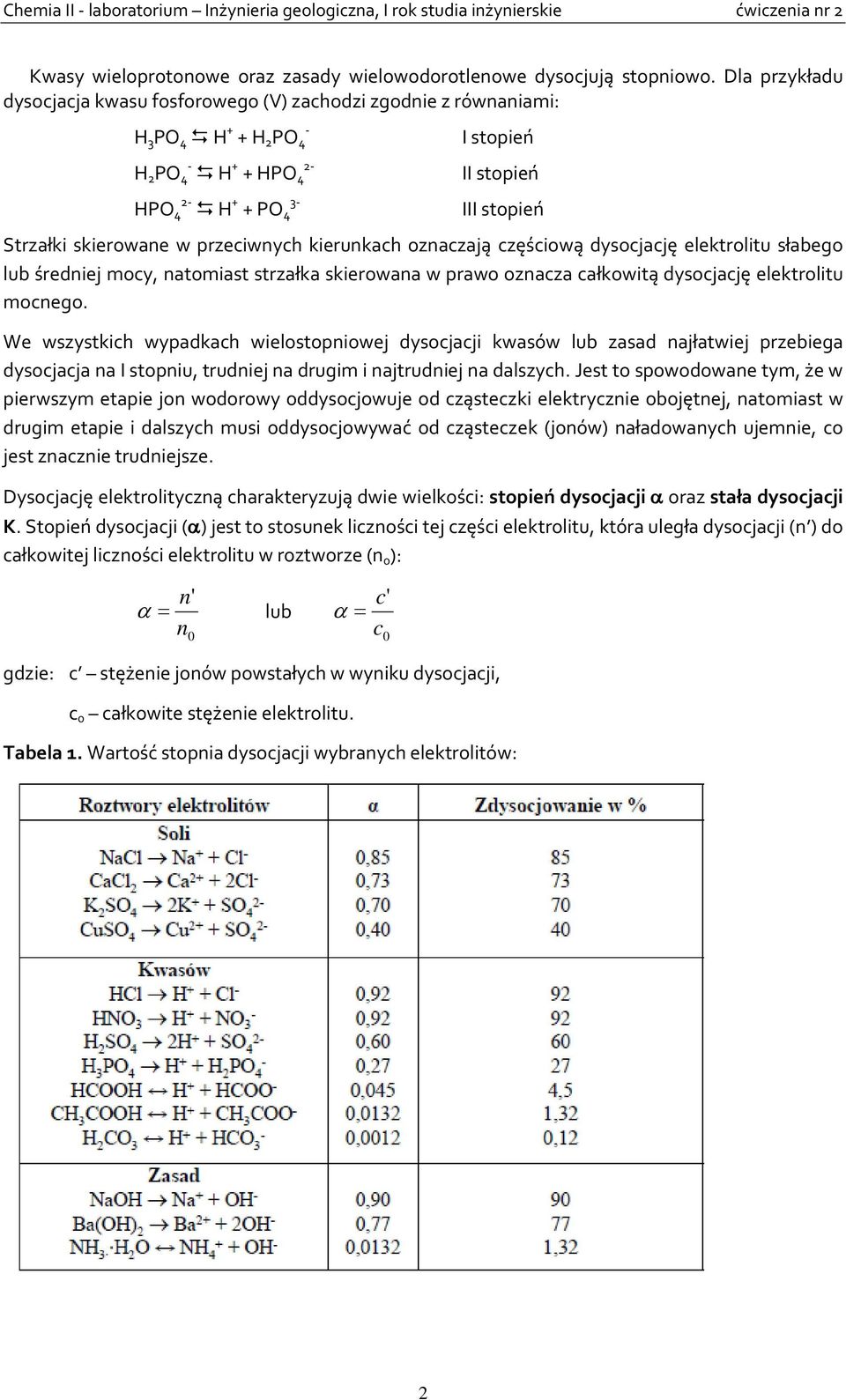 skierowane w przeciwnych kierunkach oznaczają częściową dysocjację elektrolitu słabego lub średniej mocy, natomiast strzałka skierowana w prawo oznacza całkowitą dysocjację elektrolitu mocnego.