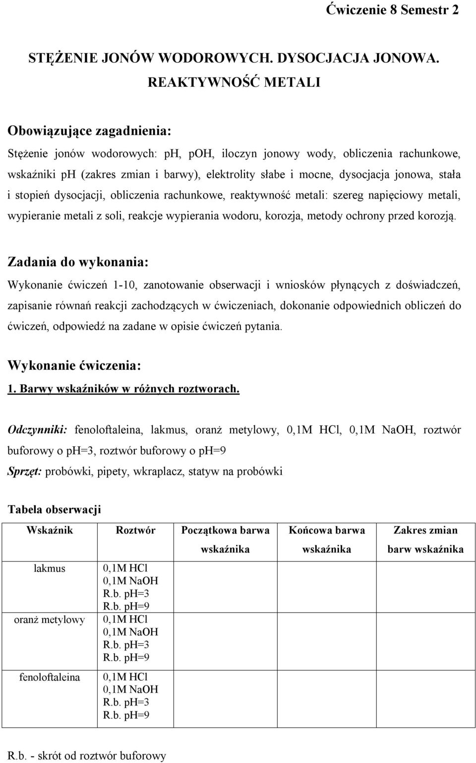 jonowa, stała i stopień dysocjacji, obliczenia rachunkowe, reaktywność metali: szereg napięciowy metali, wypieranie metali z soli, reakcje wypierania wodoru, korozja, metody ochrony przed korozją.