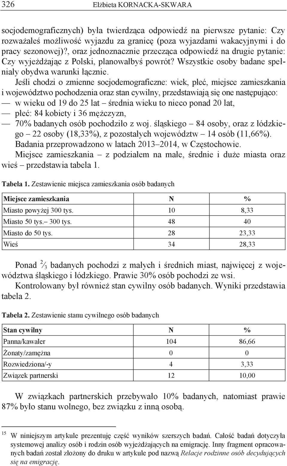 Jeśli chodzi o zmienne socjodemograficzne: wiek, płeć, miejsce zamieszkania i województwo pochodzenia oraz stan cywilny, przedstawiają się one następująco: w wieku od 19 do 25 lat średnia wieku to