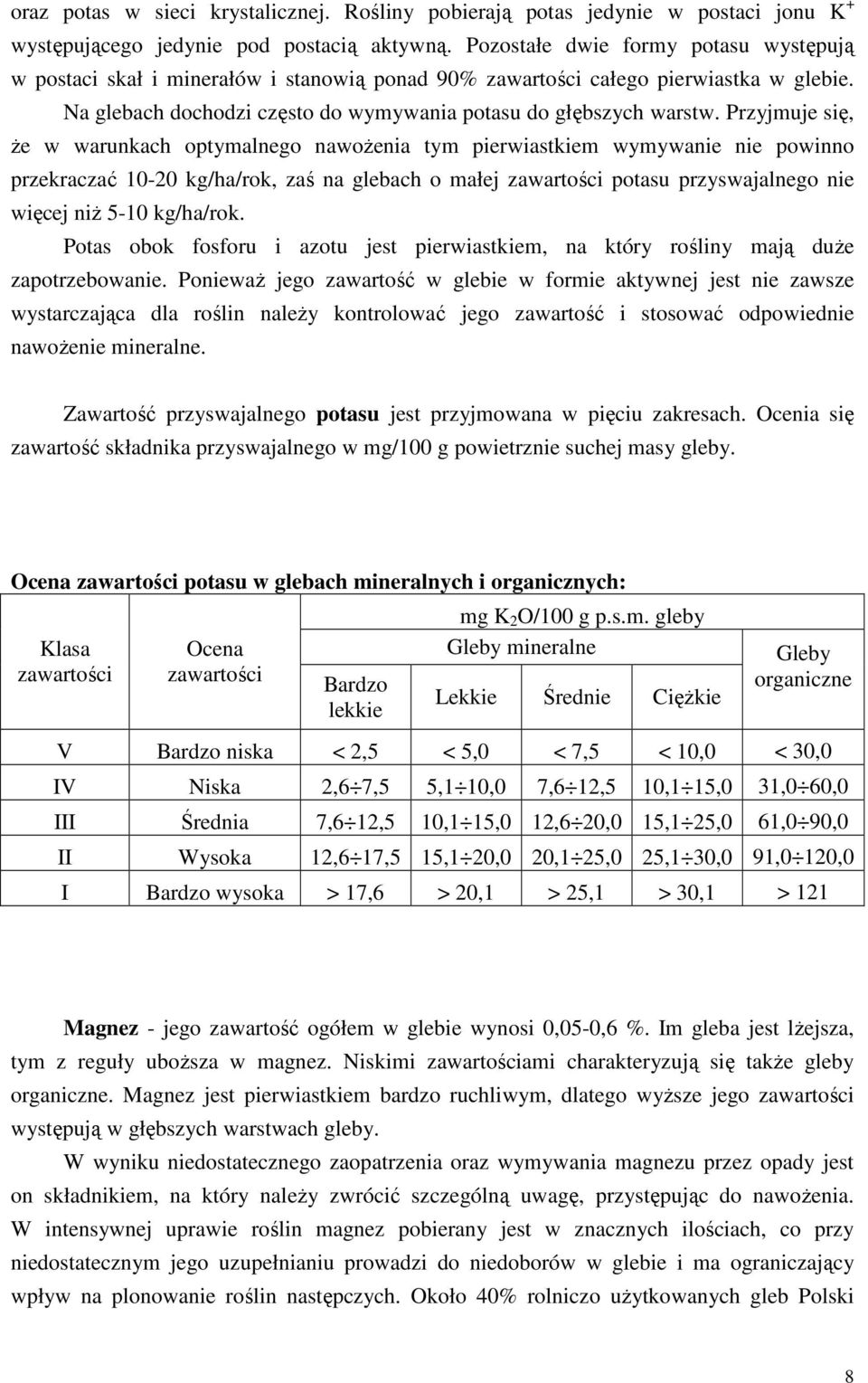 Przyjmuje się, Ŝe w warunkach optymalnego nawoŝenia tym pierwiastkiem wymywanie nie powinno przekraczać 10-20 kg/ha/rok, zaś na glebach o małej zawartości potasu przyswajalnego nie więcej niŝ 5-10