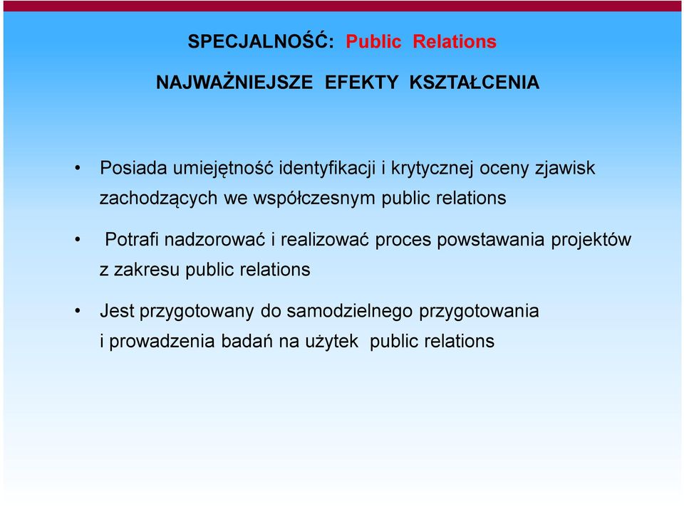 Potrafi nadzorować i realizować proces powstawania projektów z zakresu public relations