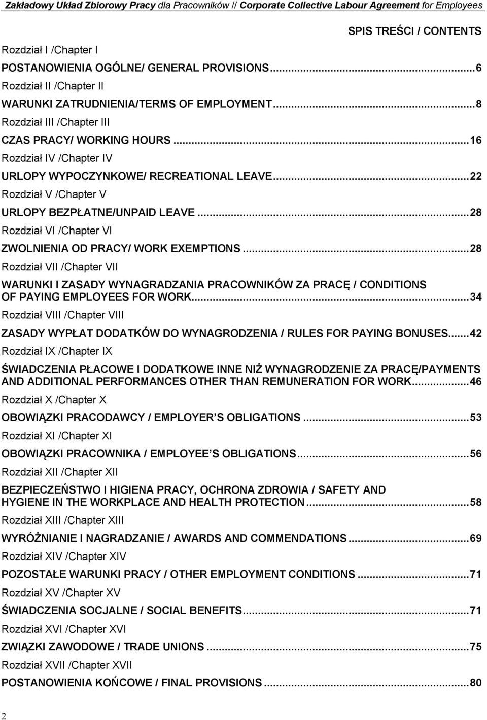 .. 28 Rozdział VI /Chapter VI ZWOLNIENIA OD PRACY/ WORK EXEMPTIONS... 28 Rozdział VII /Chapter VII WARUNKI I ZASADY WYNAGRADZANIA PRACOWNIKÓW ZA PRACĘ / CONDITIONS OF PAYING EMPLOYEES FOR WORK.