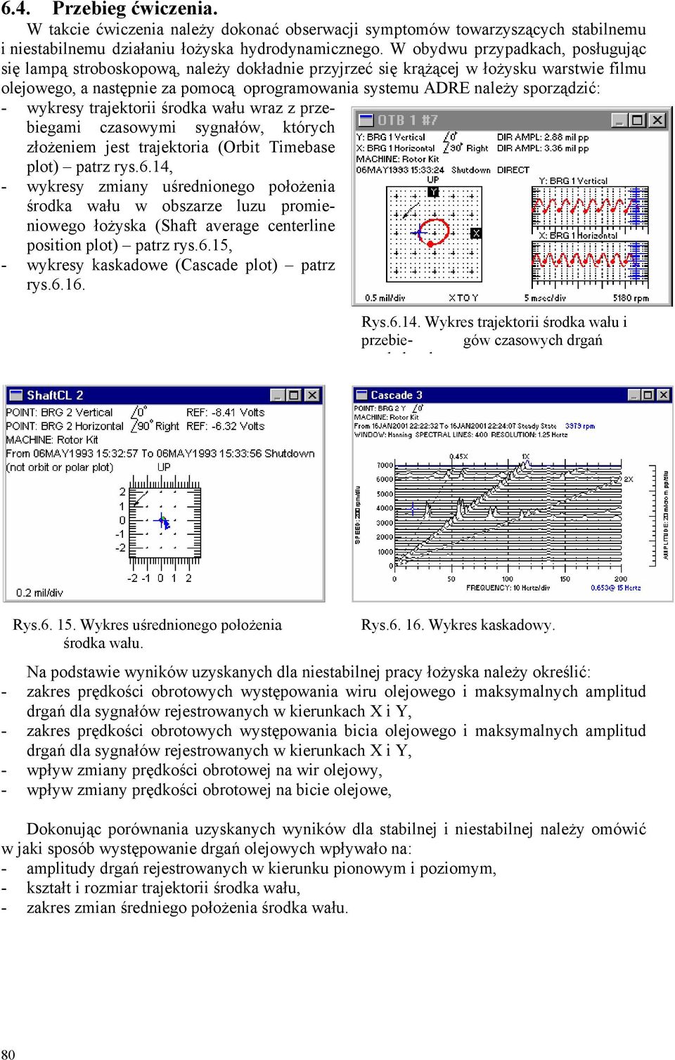 sporządzić: - wykresy trajektorii środka wału wraz z przebiegami czasowymi sygnałów, których złożeniem jest trajektoria (Orbit Timebase plot) patrz rys.6.