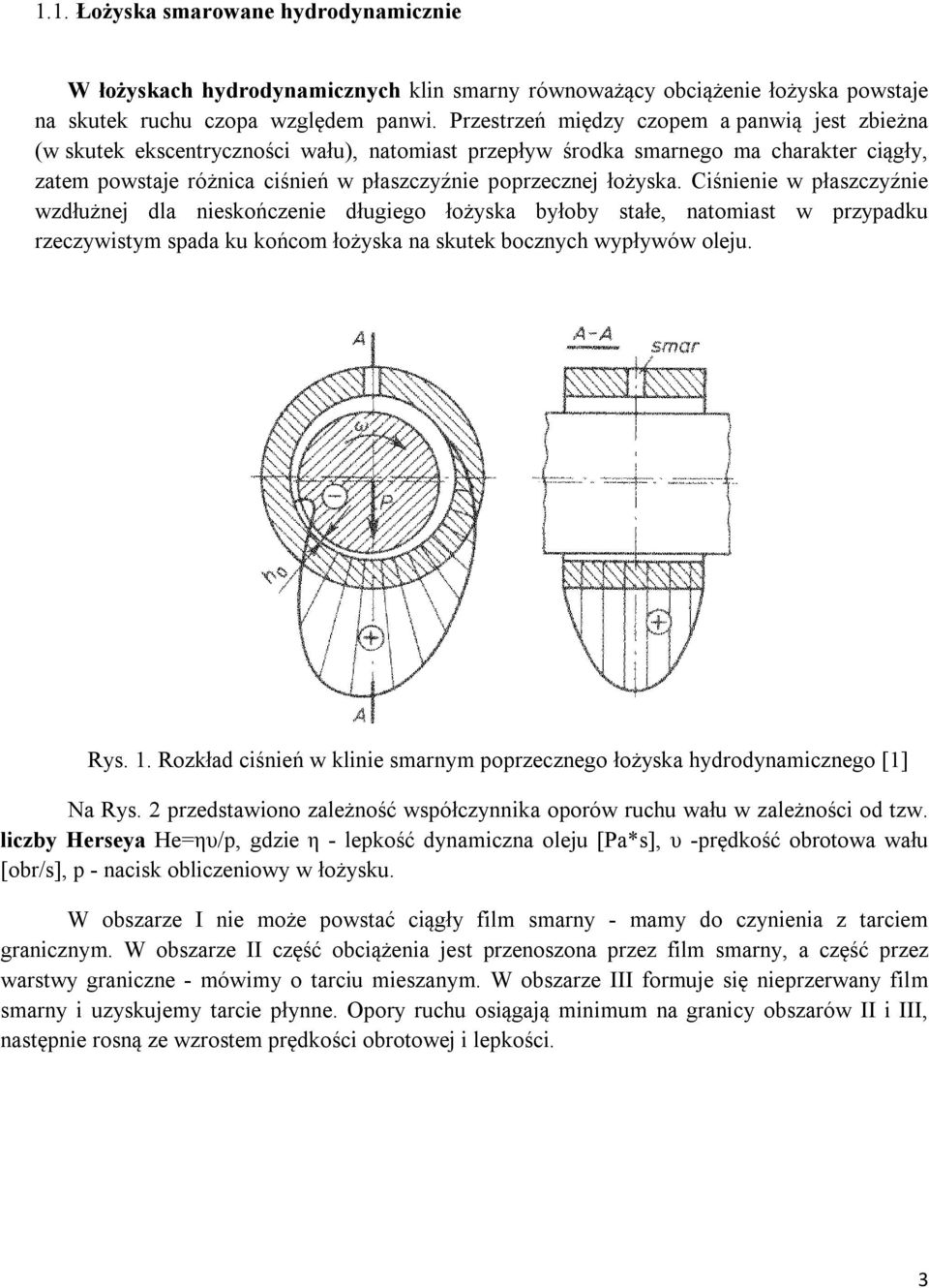 łożyska. Ciśnienie w płaszczyźnie wzdłużnej dla nieskończenie długiego łożyska byłoby stałe, natomiast w przypadku rzeczywistym spada ku końcom łożyska na skutek bocznych wypływów oleju. Rys. 1.