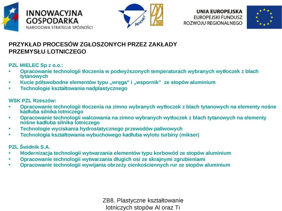 kształtowania nadplastycznego WSK PZL Rzeszów: Opracowanie technologii tłoczenia na zimno wybranych wytłoczek z blach tytanowych na elementy nośne kadłuba silnika lotniczego Opracowanie technologii