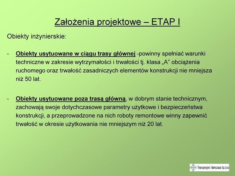 klasa A obciążenia ruchomego oraz trwałość zasadniczych elementów konstrukcji nie mniejsza niż 50 lat.