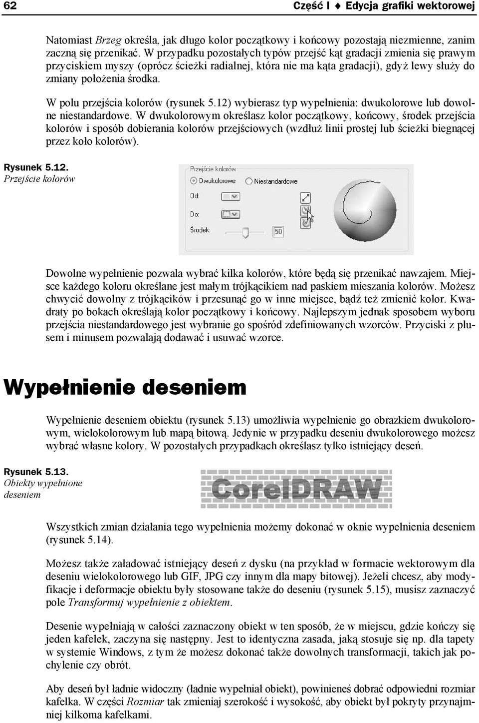 W polu przejścia kolorów (rysunek 5.12) wybierasz typ wypełnienia: dwukolorowe lub dowolne niestandardowe.