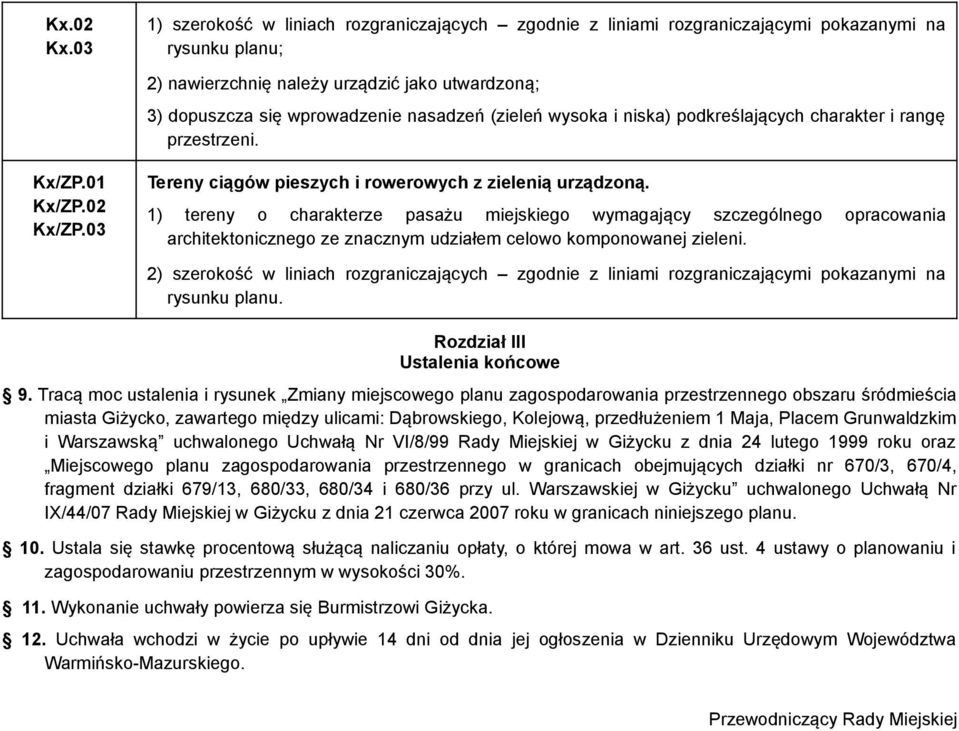 (zieleń wysoka i niska) podkreślających charakter i rangę przestrzeni. Kx/ZP.01 Kx/ZP.02 Kx/ZP.03 Tereny ciągów pieszych i rowerowych z zielenią urządzoną.