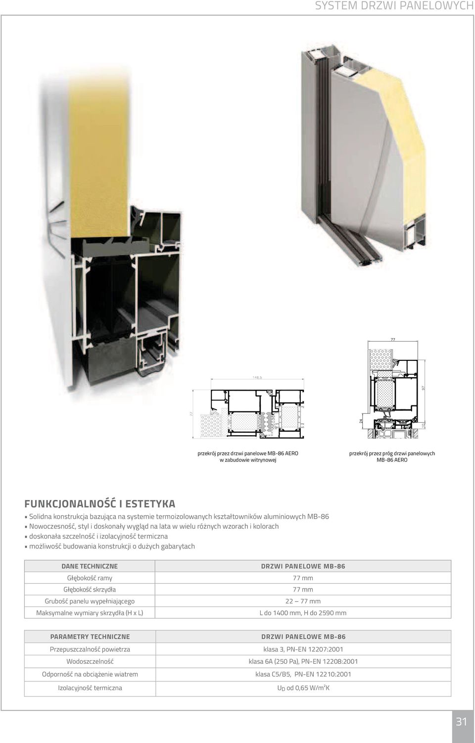 PANELOWE MB-86 77 mm 77 mm 22 77 mm L do 1400 mm, H do 2590 mm PARAMETRY TECHNICZNE DRZWI PANELOWE MB-86 Przepuszczalność powietrza klasa 3, PN-EN