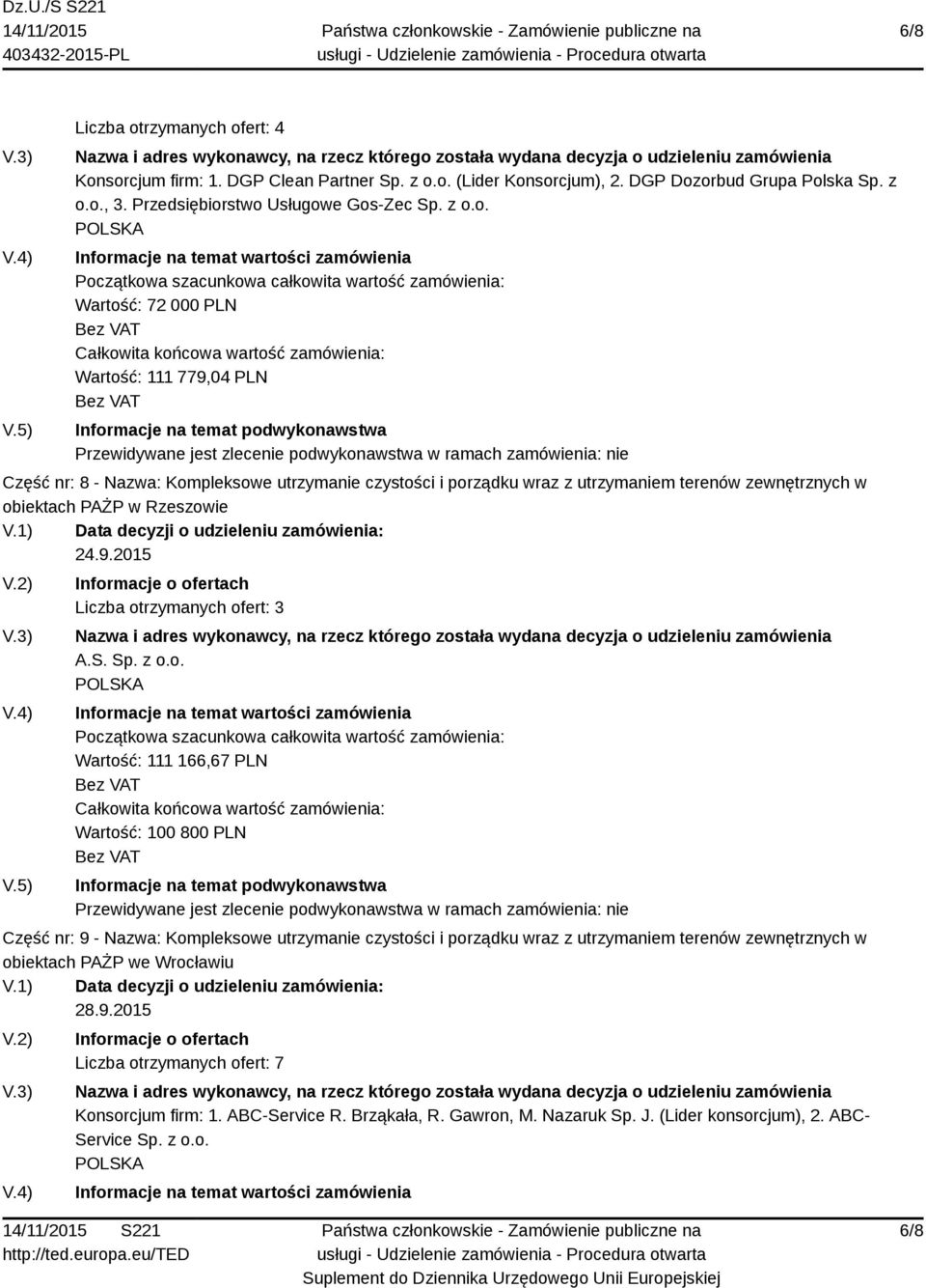 ert: 4 Konsorcjum firm: 1. DGP Clean Partner Sp. z o.o. (Lider Konsorcjum), 2. DGP Dozorbud Grupa Polska Sp. z o.o., 3. Przedsiębiorstwo Usługowe Gos-Zec Sp. z o.o. Wartość: 72 000 PLN Wartość: 111 779,04 PLN Część nr: 8 - Nazwa: Kompleksowe utrzymanie czystości i porządku wraz z utrzymaniem terenów zewnętrznych w obiektach PAŻP w Rzeszowie 24.