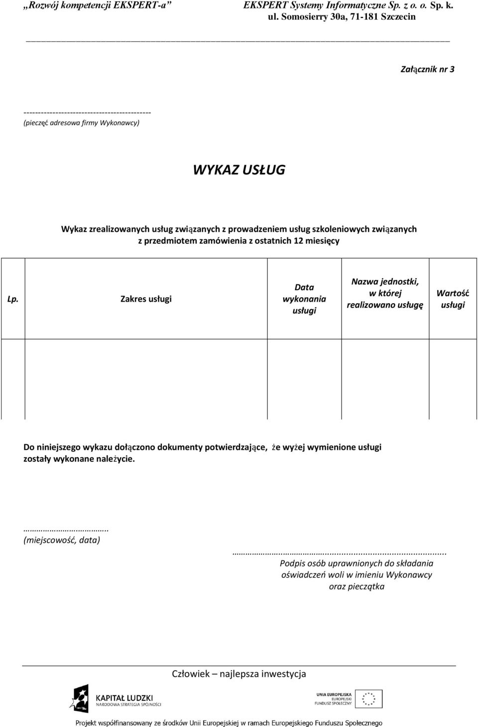 Zakres usługi Data wykonania usługi Nazwa jednostki, w której realizowano usługę Wartość usługi Do niniejszego wykazu dołączono