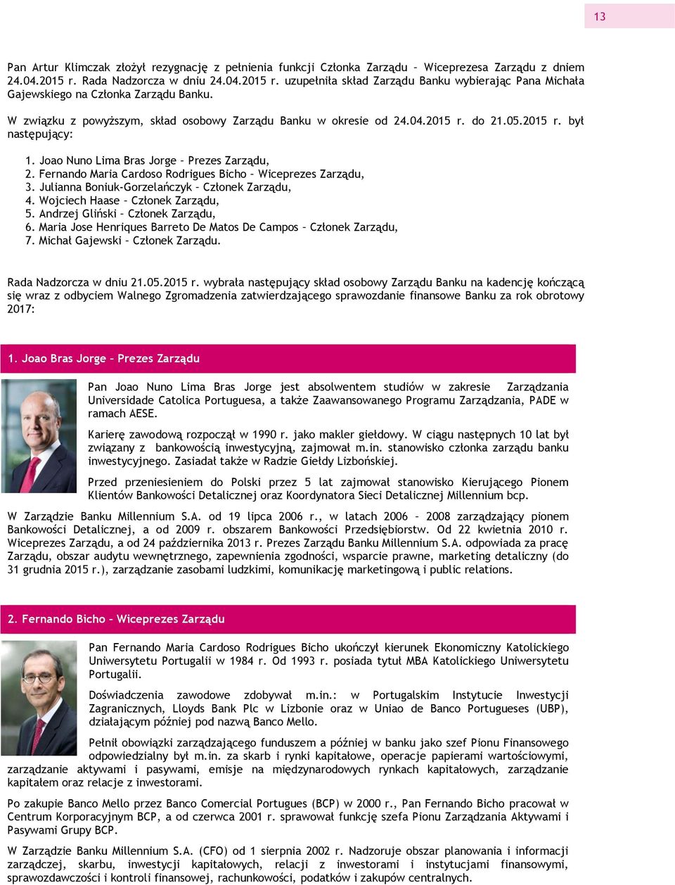 05.2015 r. był następujący: 1. Joao Nuno Lima Bras Jorge Prezes Zarządu, 2. Fernando Maria Cardoso Rodrigues Bicho Wiceprezes Zarządu, 3. Julianna Boniuk-Gorzelańczyk Członek Zarządu, 4.