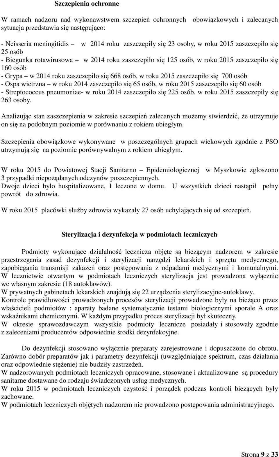 zaszczepiło się 700 osób - Ospa wietrzna w roku 2014 zaszczepiło się 65 osób, w roku 2015 zaszczepiło się 60 osób - Streptococcus pneumoniae- w roku 2014 zaszczepiło się 225 osób, w roku 2015