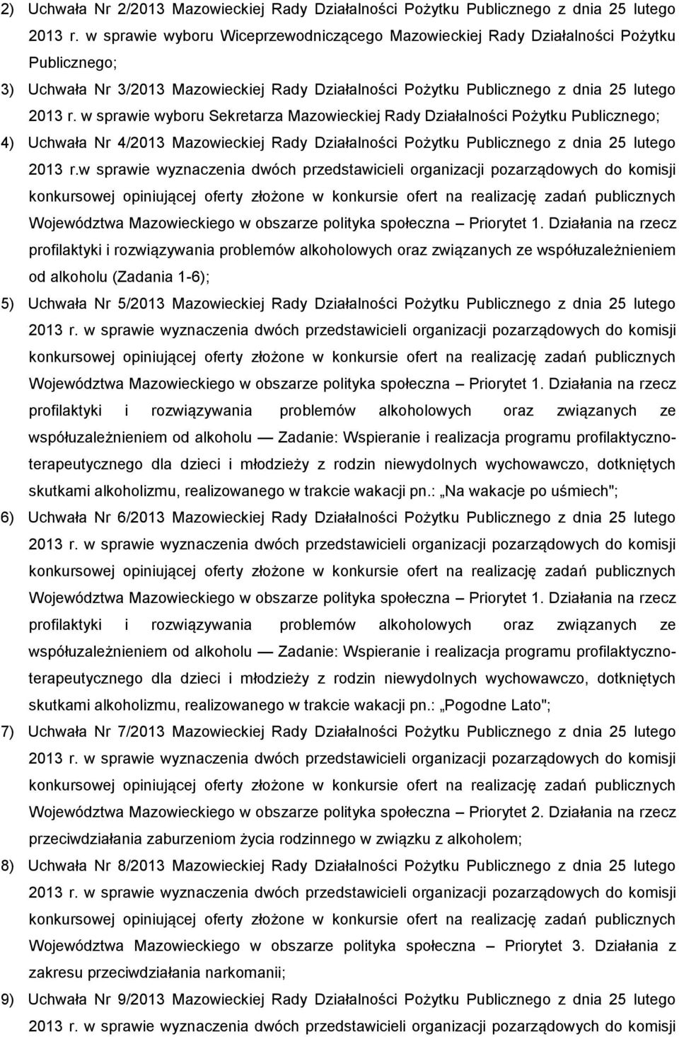 w sprawie wyboru Sekretarza Mazowieckiej Rady Działalności Pożytku Publicznego; 4) Uchwała Nr 4/2013 Mazowieckiej Rady Działalności Pożytku Publicznego z dnia 25 lutego 2013 r.