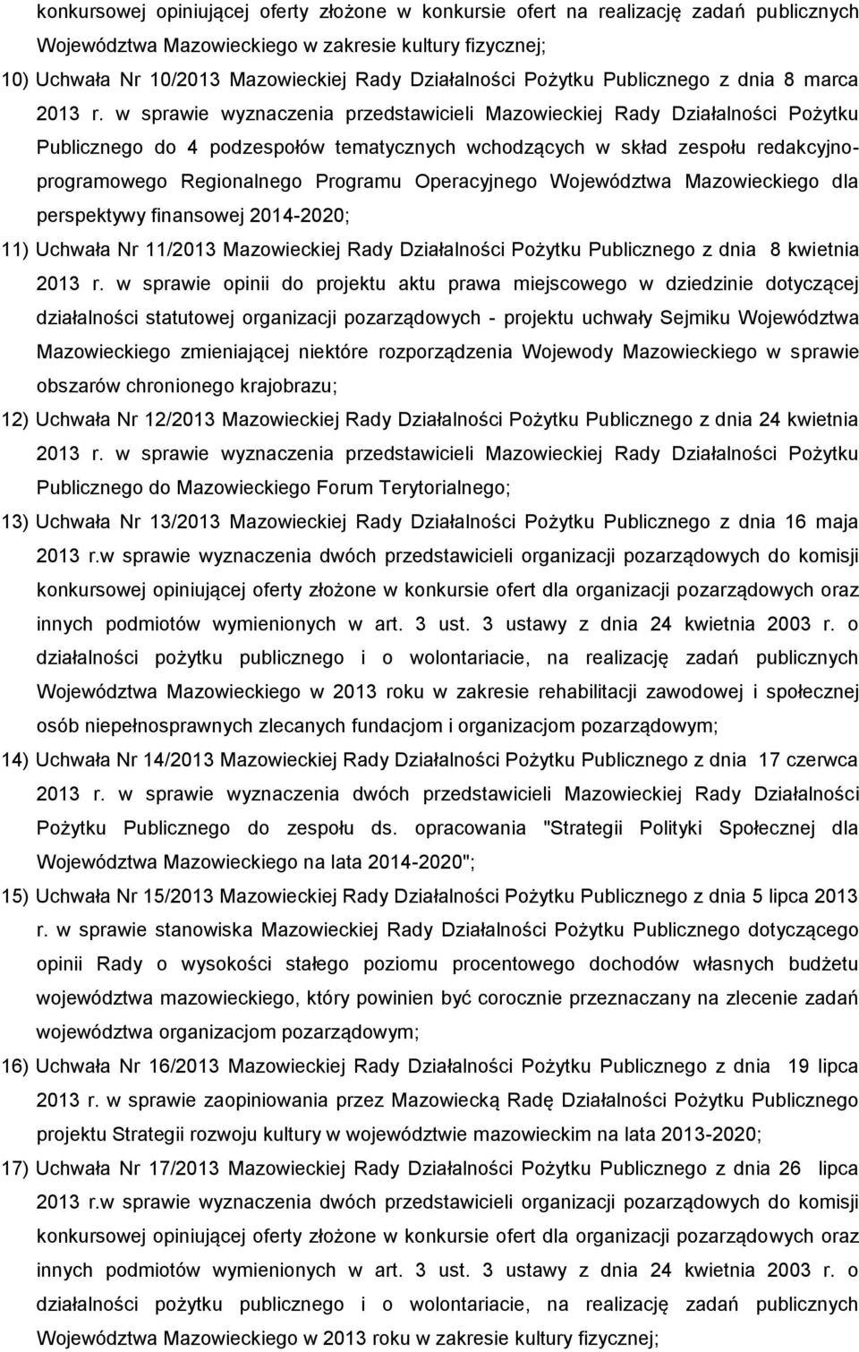 Operacyjnego Województwa Mazowieckiego dla perspektywy finansowej 2014-2020; 11) Uchwała Nr 11/2013 Mazowieckiej Rady Działalności Pożytku Publicznego z dnia 8 kwietnia 2013 r.