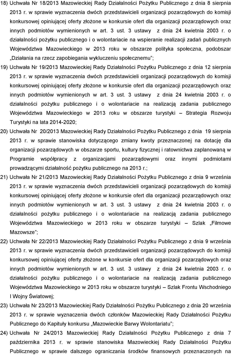 z dnia 12 sierpnia działalności pożytku publicznego i o wolontariacie na realizacją zadania publicznego Województwa Mazowieckiego w 2013 roku w obszarze turystyki Strategia Rozwoju Turystyki na lata